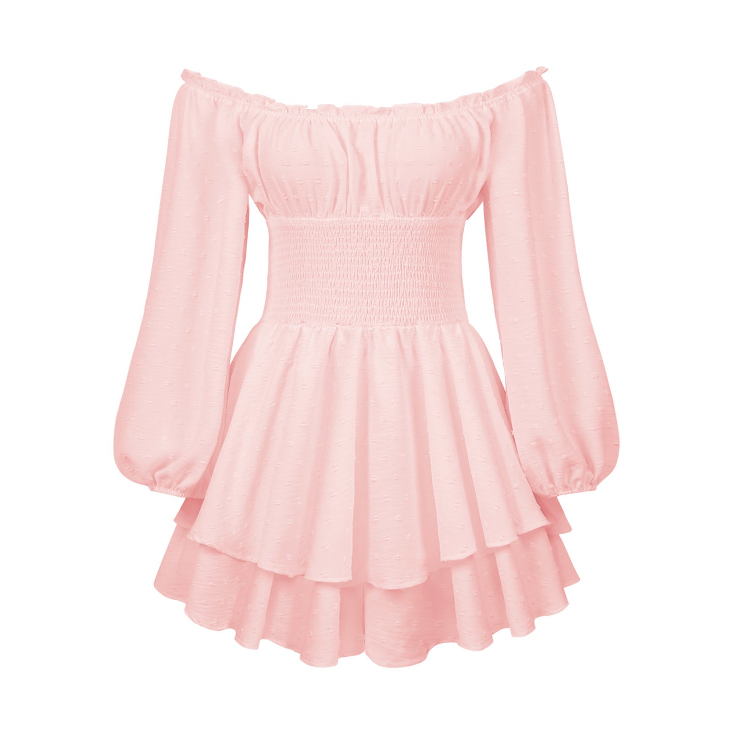 Robe courte rose pâle épaules dénudées, manches longues bouffantes, jupe à volants évasée.