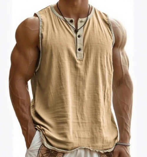 Débardeur homme coton beige sans manches, encolure boutonnée, col contrasté vert