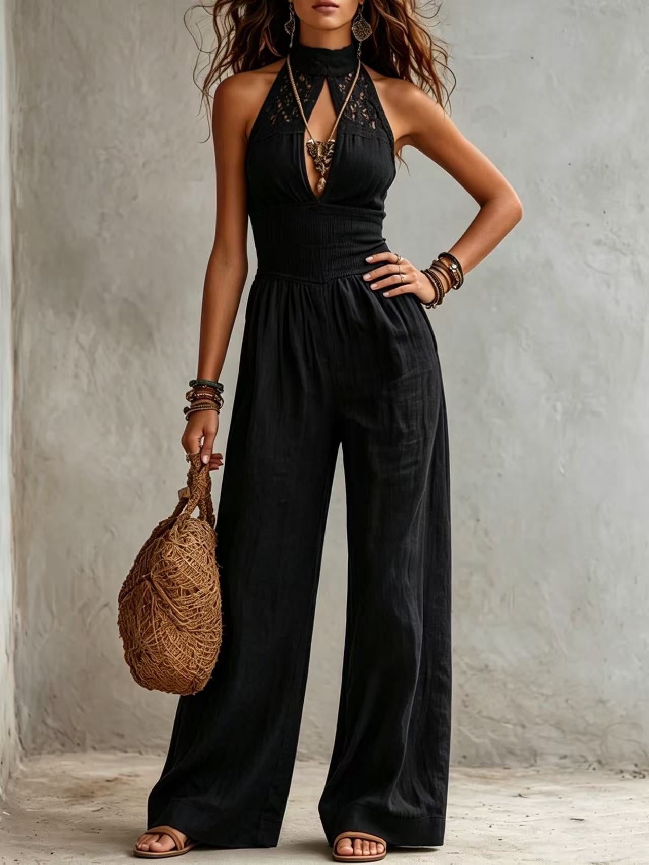 Combinaison sans manches à col halter, jambes larges, taille haute, noir.