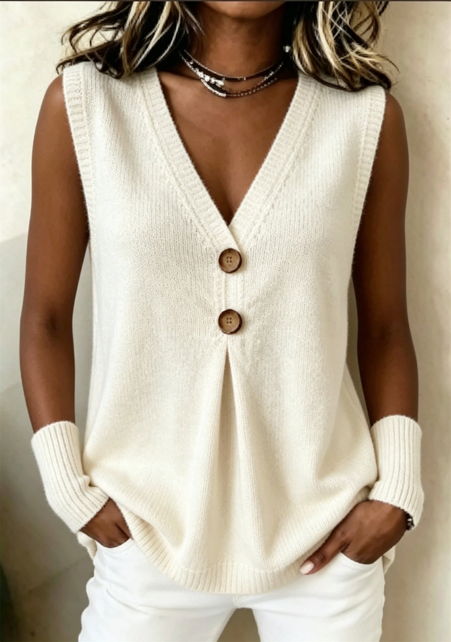 Gilet en maille blanche sans manches, col V, deux boutons, ourlets côtelés.