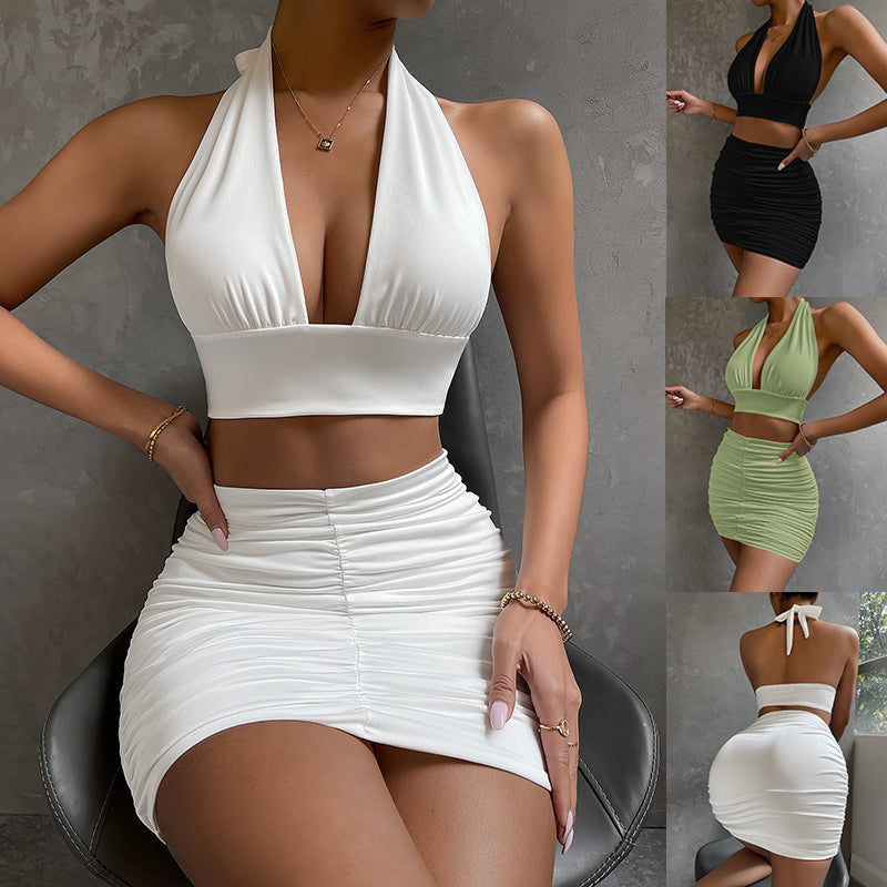 Ensemble 2 Pièces Femme - Top Halter Lacets et Jupe Plissee