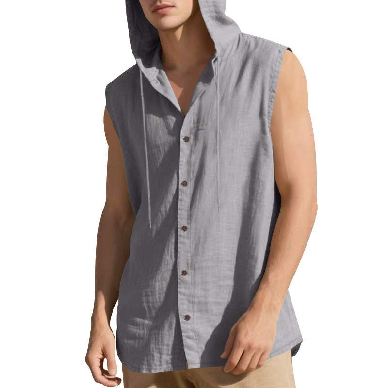 Gilet chemise sans manches à capuche gris foncé, fermeture par boutons, cordons.
