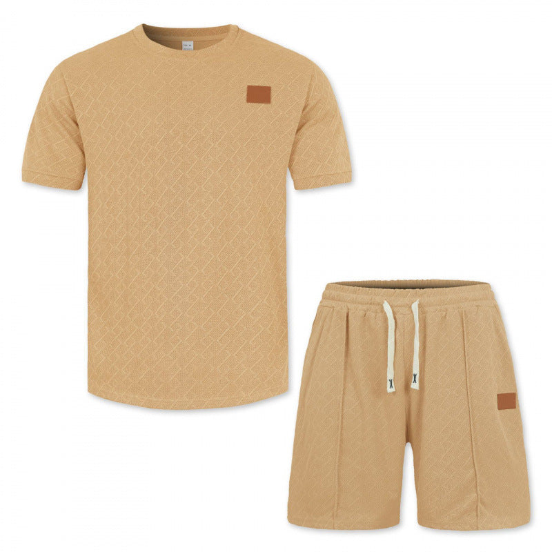 Ensemble t-shirt jacquard et short homme kaki, vue à plat