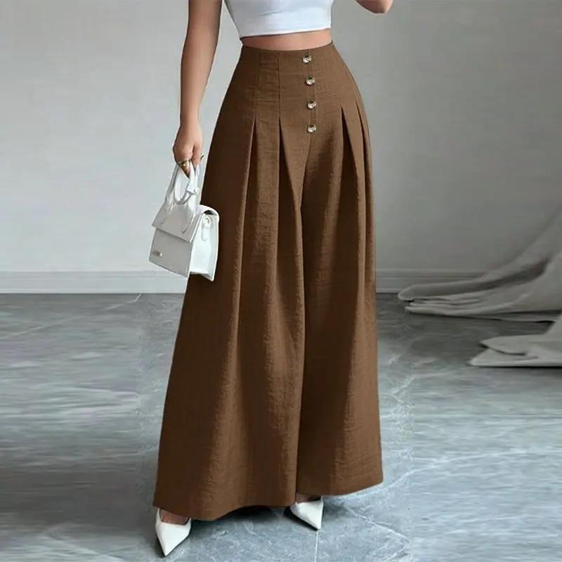 Pantalon femme taille haute ample brun, rangée de boutons et plis devant