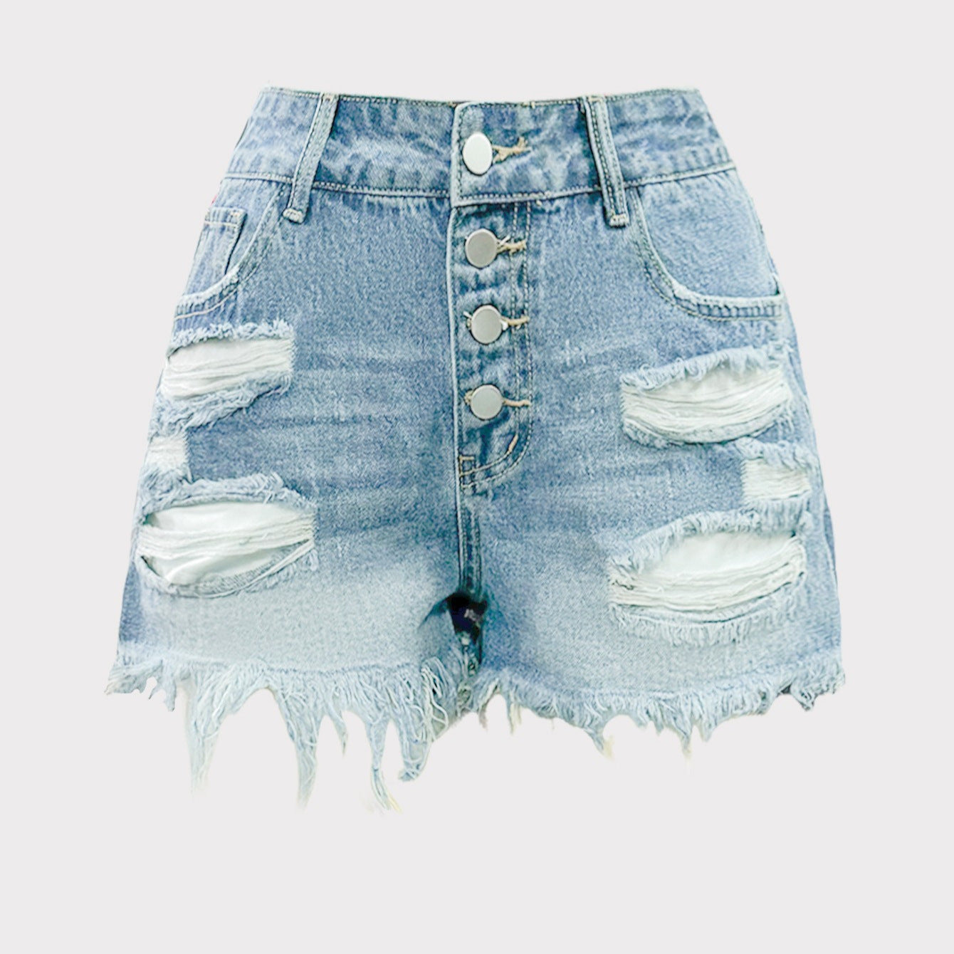 Short en jean taille haute bleu clair, patte boutonnée, poches déchirées, ourlet brut.