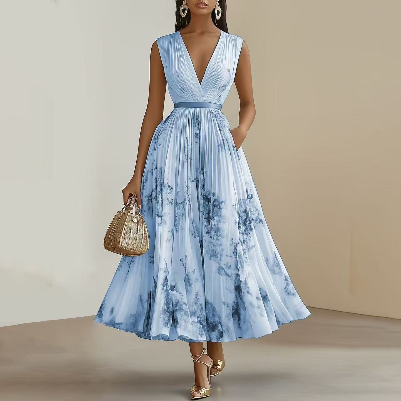 Robe sans manches à taille haute imprimée bleu clair, décolleté en V.