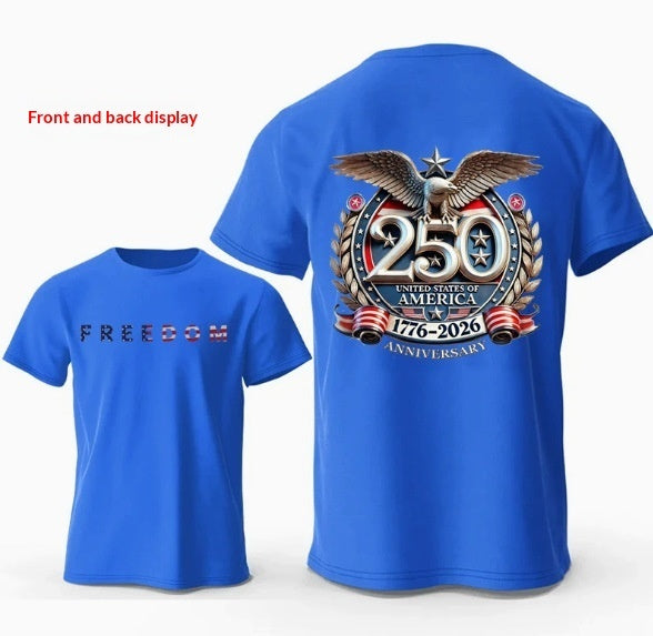 T-shirt homme bleu avec impression 3D aigle et motif 250e anniversaire 1776-2026