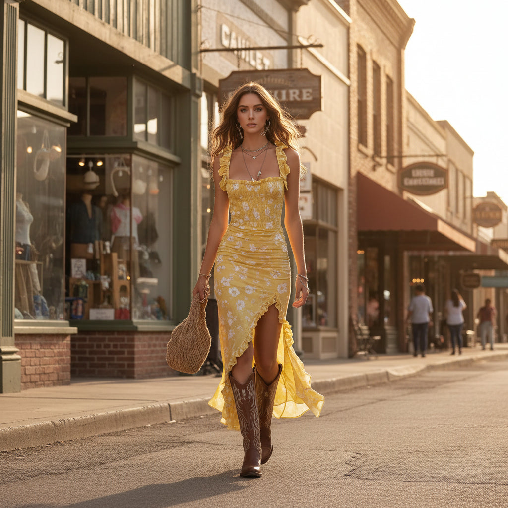 Robe longue à volants jaune citron, taille haute, fente latérale