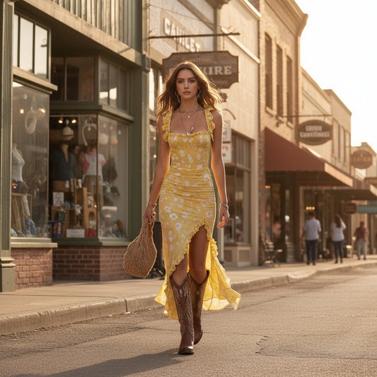 Robe longue à volants jaune citron, taille haute, fente latérale