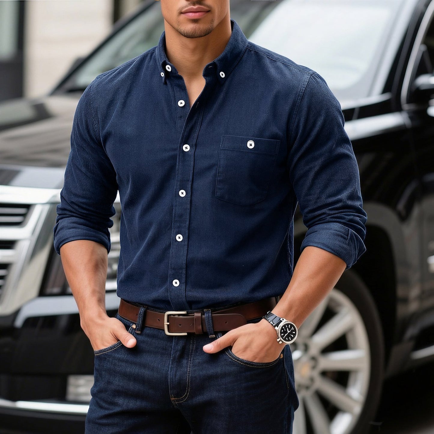 Chemise homme en velours côtelé bleu marine, manches longues, boutonnage et poche poitrine.