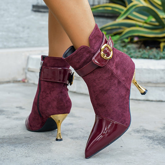Bottines Femme Bordeaux Bout Pointu Talon Aiguille - Fermeture Zip Boucle Dorée Élégantes Toutes Saisons | MONASTORESHOP.COM
