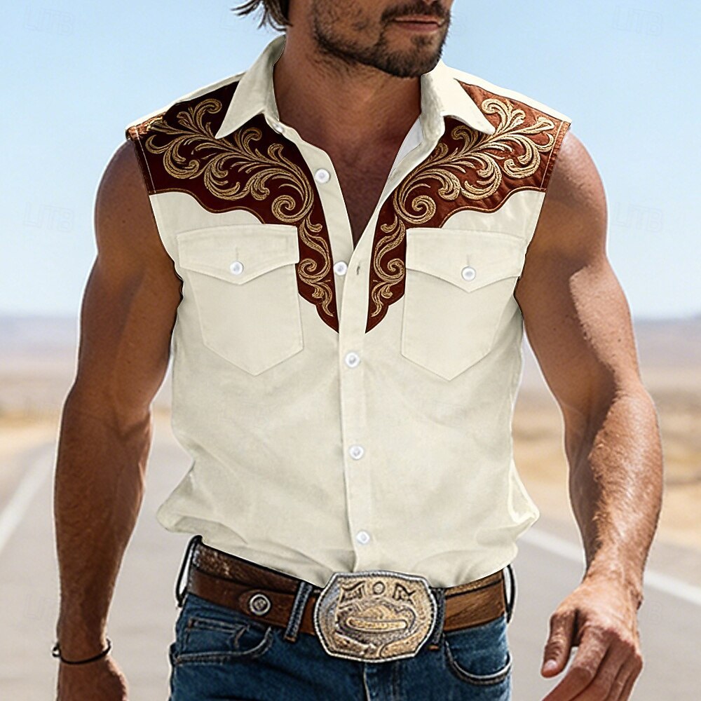 Chemise sans manches homme crème, col chemisier, empiècement imprimé brun style western.