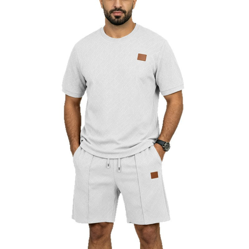 Ensemble t-shirt jacquard et short homme blanc, col rond et cordon