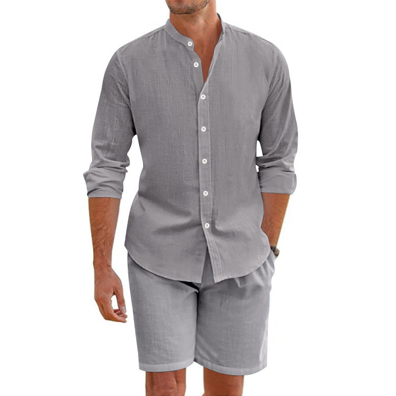 Ensemble chemise en lin grise boutonnée et short gris