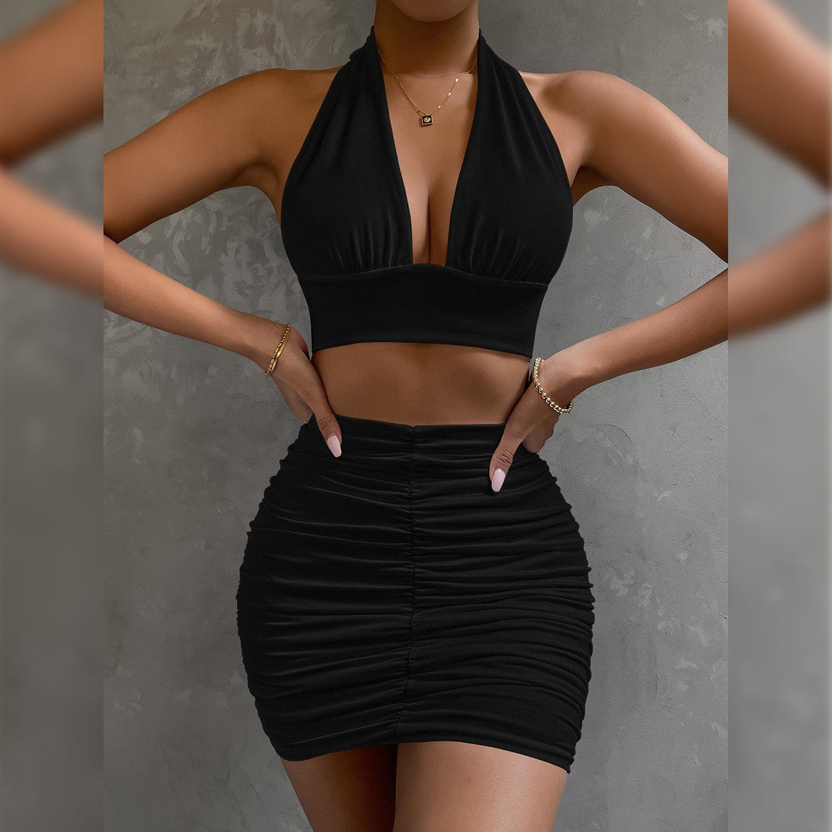 Ensemble 2 Pièces Femme - Top Halter Lacets et Jupe Plissee