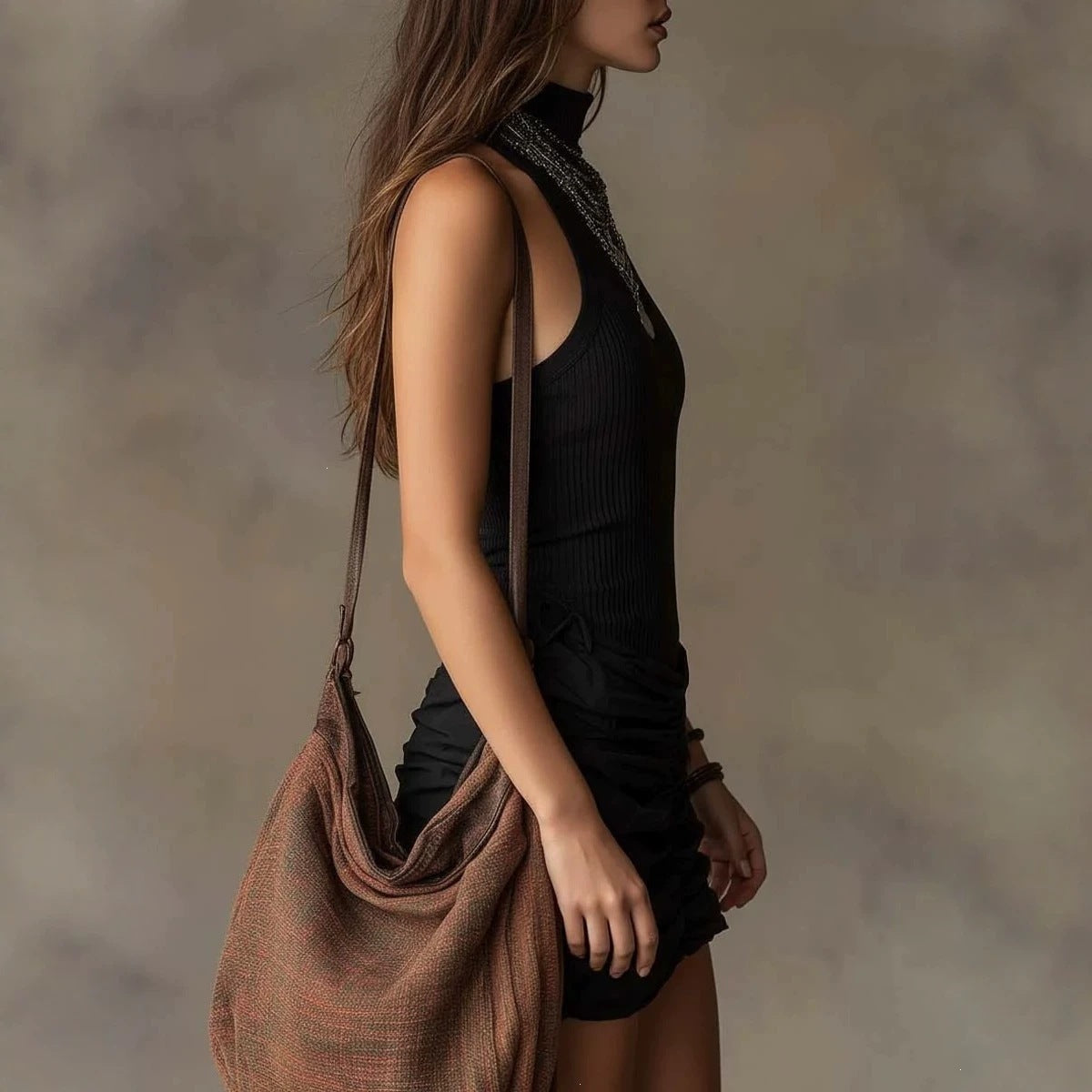 Robe noire sans manches cintrée, silhouette courte froncée, vue de profil