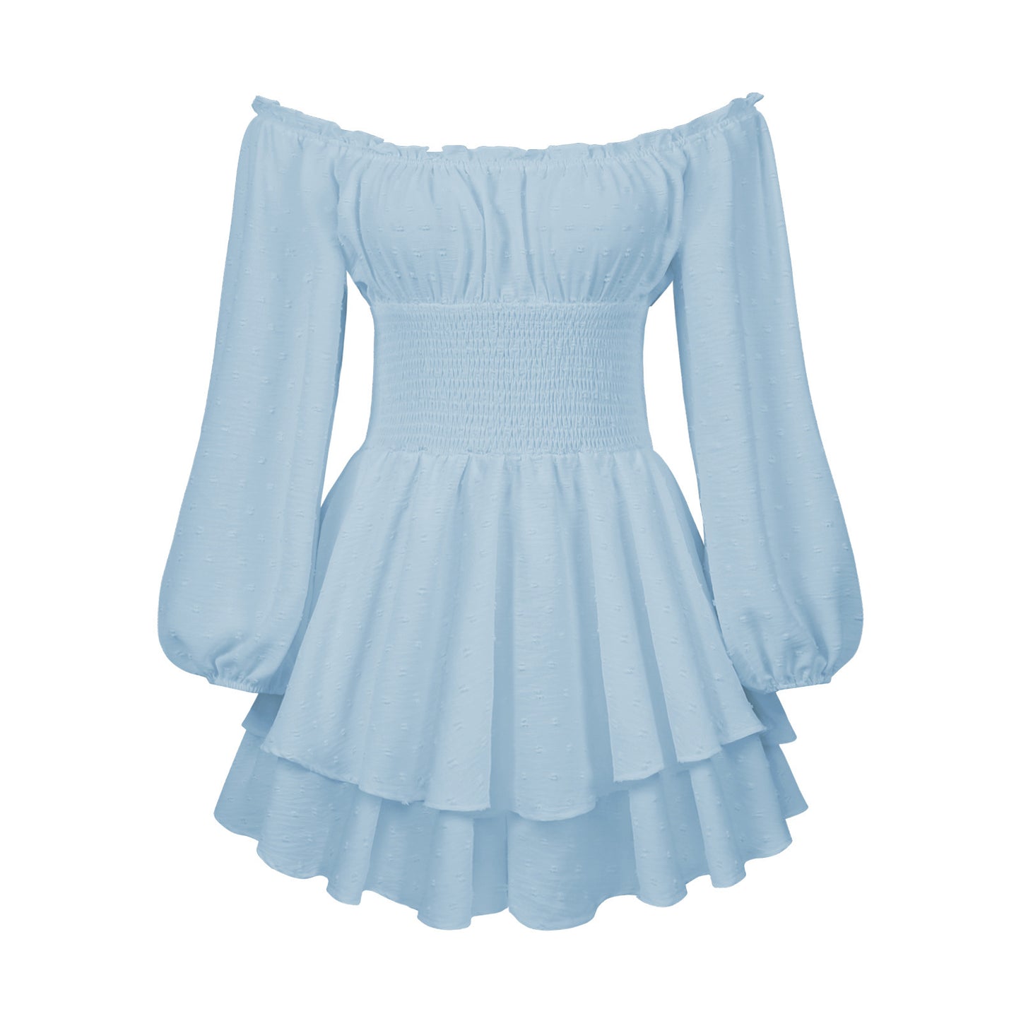 Robe courte bleu clair épaules dénudées, manches longues bouffantes, jupe à volants évasée.