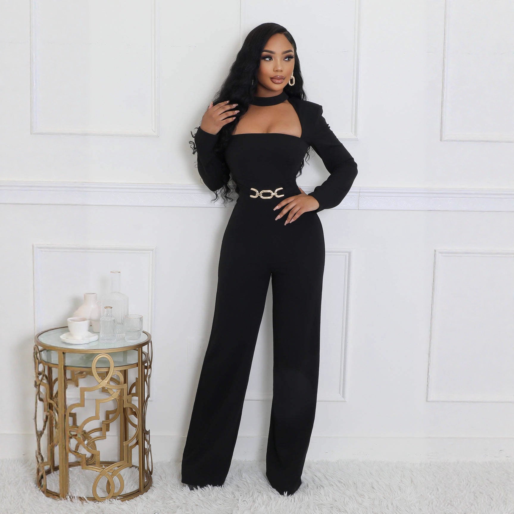 Combinaison femme col roulé manches longues jambes larges noire, décolleté carré.