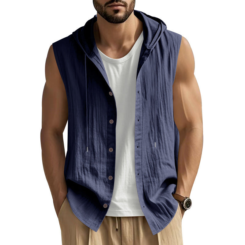 Gilet chemise sans manches à capuche bleu marine, fermeture par boutons, cordons.