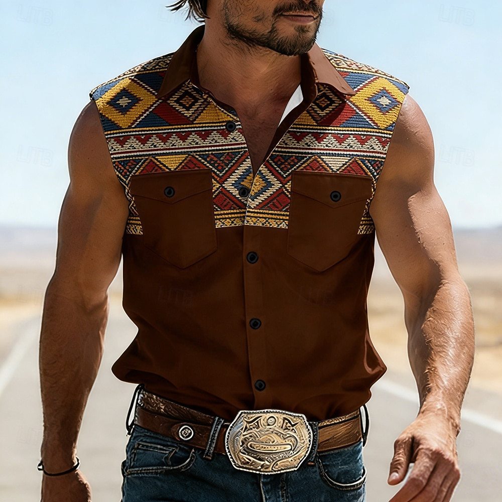Chemise sans manches homme marron foncé, col chemisier, empiècement imprimé multicolore.
