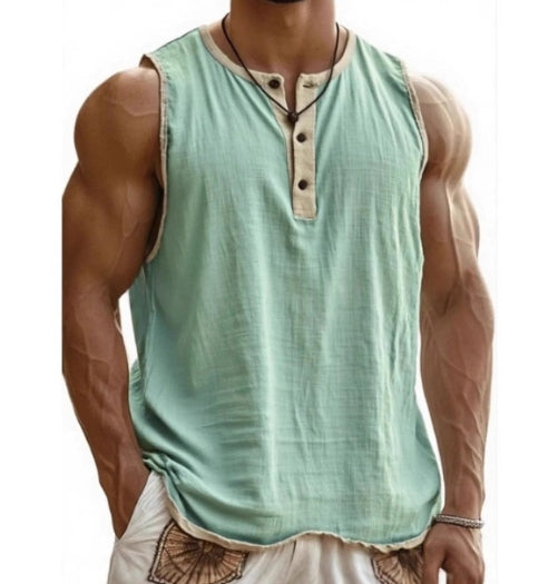 Débardeur homme coton vert clair sans manches, encolure boutonnée, col contrasté brun